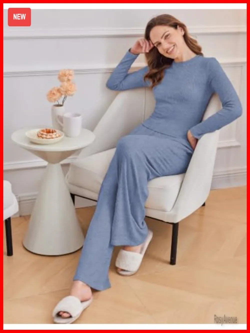 Womens Pajama Set Long Sleeve Ribbed Knit Lounge Set
